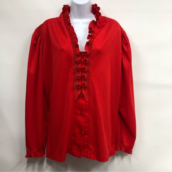 Vintage Red ruffled women’s blouse size 44 secretary top button down - Picture 1 of 9